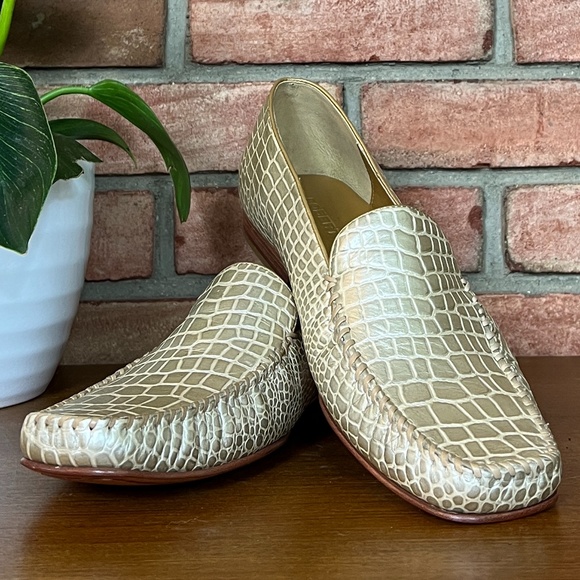 Robert Zur Shoes - Robert Zur Soft Gold Crocodile Embossed Glove Loafer with Square Toe in Size 12